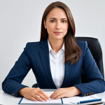 ** A professional businesswoman in a modest business suit, sitting at a desk in a modern office, fully clothed, appropriate attire, safe for work, perfect anatomy, natural proportions, professional photography, high quality.

**