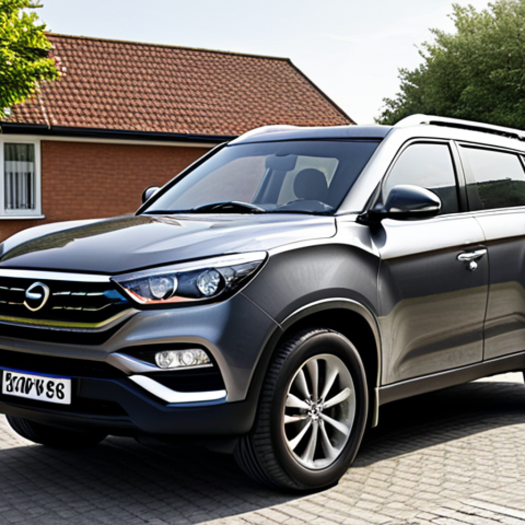 **

A well-maintained, modern SUV (like a SsangYong Torres) parked in a residential driveway. The SUV is fully clothed with no visible damage. The scene is set during daylight, showing a safe and family-friendly environment. The image should convey a sense of practical car ownership, suitable for daily use and transportation. perfect anatomy, correct proportions, well-formed features, safe for work, appropriate content, professional image.

**