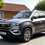**

A well-maintained, modern SUV (like a SsangYong Torres) parked in a residential driveway. The SUV is fully clothed with no visible damage. The scene is set during daylight, showing a safe and family-friendly environment. The image should convey a sense of practical car ownership, suitable for daily use and transportation. perfect anatomy, correct proportions, well-formed features, safe for work, appropriate content, professional image.

**