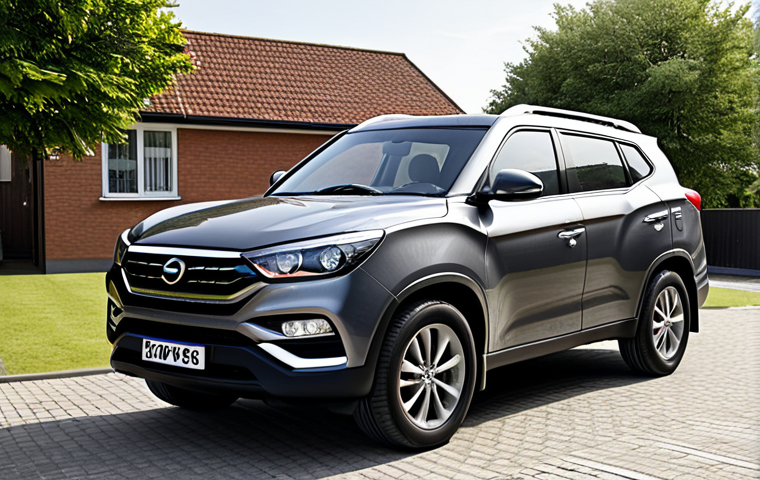 **

A well-maintained, modern SUV (like a SsangYong Torres) parked in a residential driveway. The SUV is fully clothed with no visible damage. The scene is set during daylight, showing a safe and family-friendly environment. The image should convey a sense of practical car ownership, suitable for daily use and transportation. perfect anatomy, correct proportions, well-formed features, safe for work, appropriate content, professional image.

**