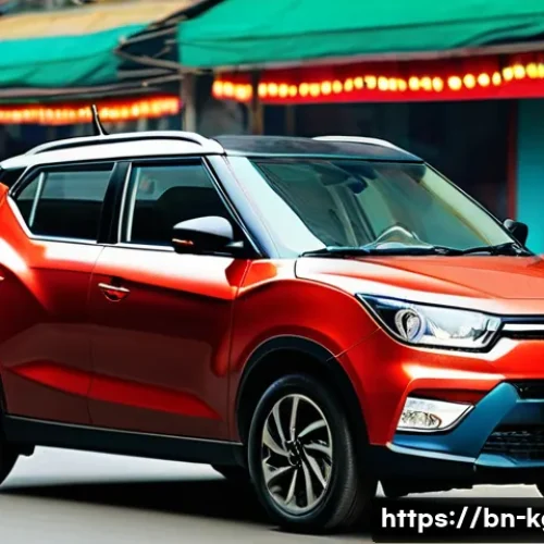 쌍용 티볼리의 소형 SUV 시장 점유율 - **Prompt:** "A stylish SsangYong Tivoli parked in front of a bustling Dhaka street scene. The car is...