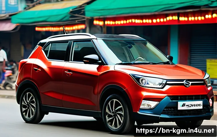 쌍용 티볼리의 소형 SUV 시장 점유율 - **Prompt:** "A stylish SsangYong Tivoli parked in front of a bustling Dhaka street scene. The car is...