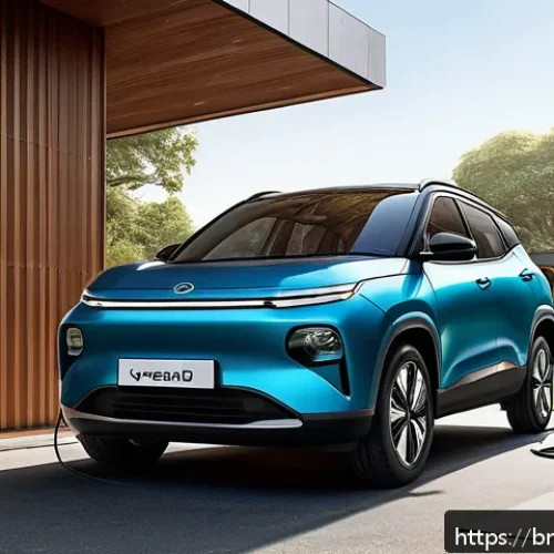Home 30 쌍용 코란도 EV 유지비 - A detailed, realistic illustration of a Korando EV electric vehicle parked in a shaded urban drivewa...