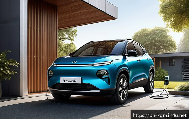 쌍용 코란도 EV 유지비 - A detailed, realistic illustration of a Korando EV electric vehicle parked in a shaded urban drivewa...