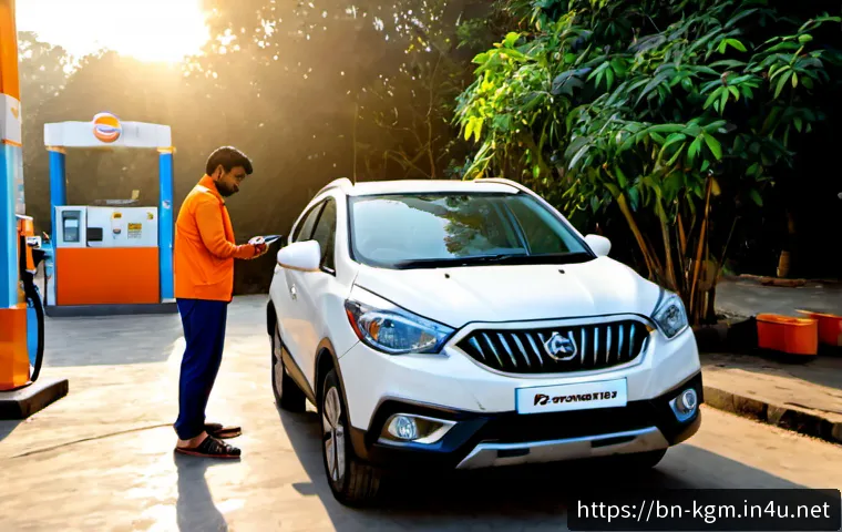 쌍용 티볼리 유지비 절약 팁 - Photorealistic compact crossover SUV parked at a clean neighborhood fuel station, a middle-aged Beng...