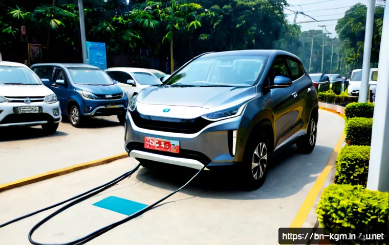 쌍용 코란도 EV 충전소 위치 - Photorealistic wide-angle scene of a modern electric SUV resembling a compact Korean family vehicle ...