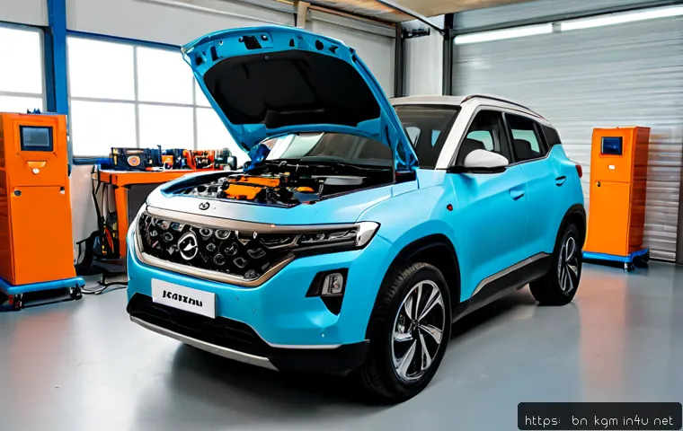 쌍용 코란도의 전기차 변환 가능성 - Photorealistic automotive workshop scene, a compact older Korean-style SUV undergoing an electric ve...
